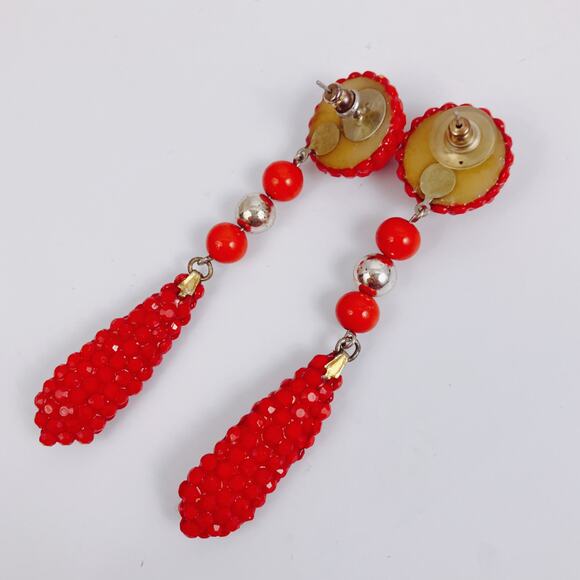 VTG 80s Very Long Red Beaded Dangle Post Earrings, Shoulder Dusters - Picture 5 of 6
